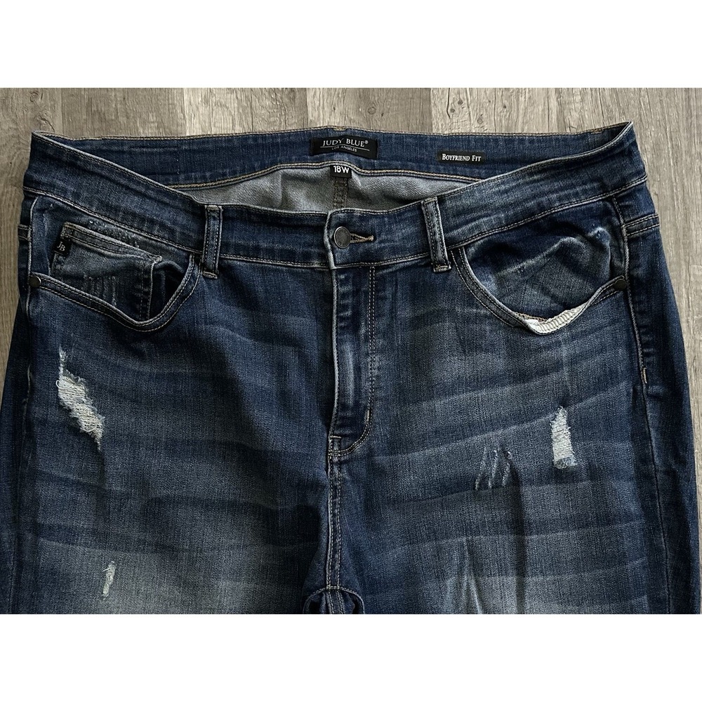 Judy Blue Boyfriend Fit Jeans Womens 10W Dark Wash Distressed Stretch Denim - Picture 4 of 13